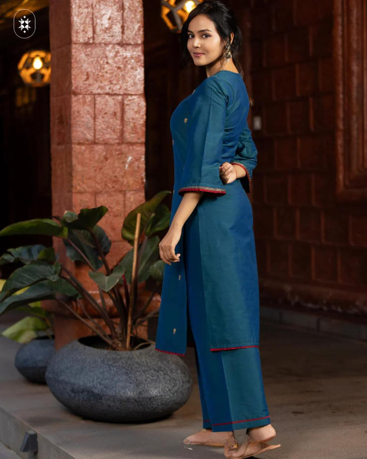Draped in a stunning teal kurta set ( Dupatta Optional)