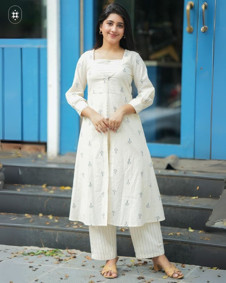 Off-White Cotton Printed Kurta with Striped Pants