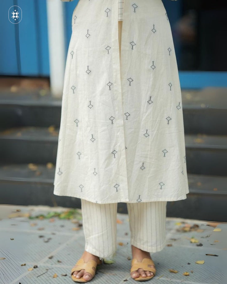 Off-White Cotton Printed Kurta with Striped Pants