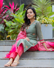 Elegant Olive Green & Pink Cotton Suit Set ( Dupatta Optional)