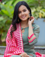 Elegant Olive Green & Pink Cotton Suit Set ( Dupatta Optional)