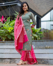 Elegant Olive Green & Pink Cotton Suit Set ( Dupatta Optional)