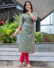 Elegant Olive Green & Pink Cotton Suit Set ( Dupatta Optional)