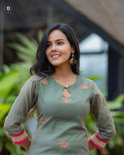 Elegant Olive Green & Pink Cotton Suit Set ( Dupatta Optional)