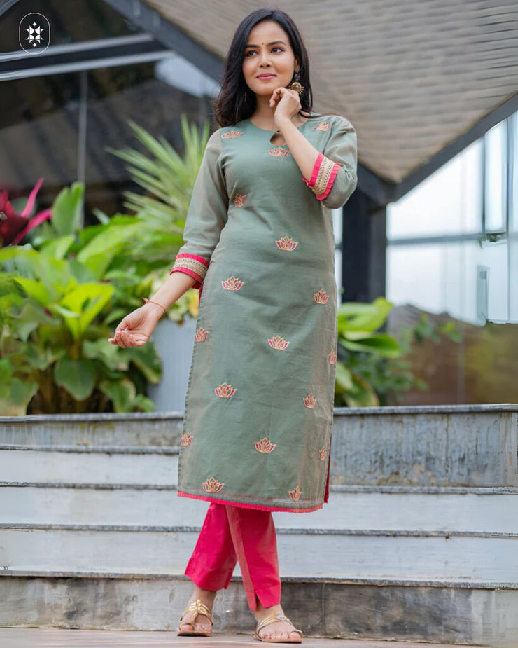 Elegant Olive Green & Pink Cotton Suit Set ( Dupatta Optional)