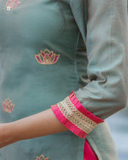 Elegant Olive Green & Pink Cotton Suit Set ( Dupatta Optional)