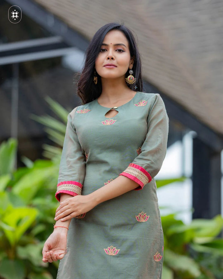 Elegant Olive Green & Pink Cotton Suit Set ( Dupatta Optional)