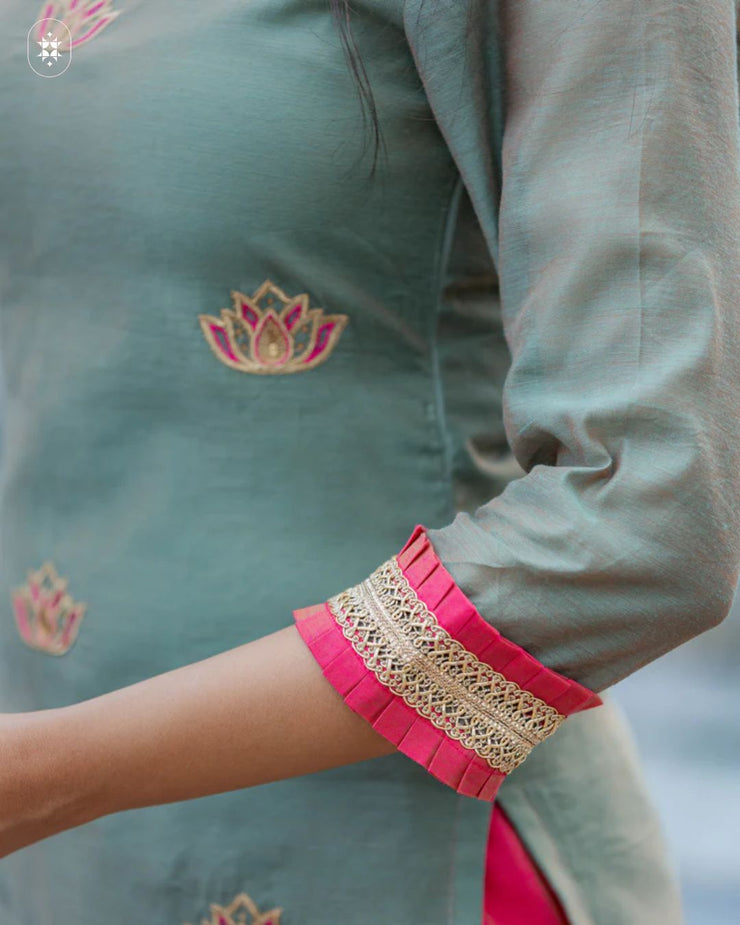 Elegant Olive Green & Pink Cotton Suit Set ( Dupatta Optional)