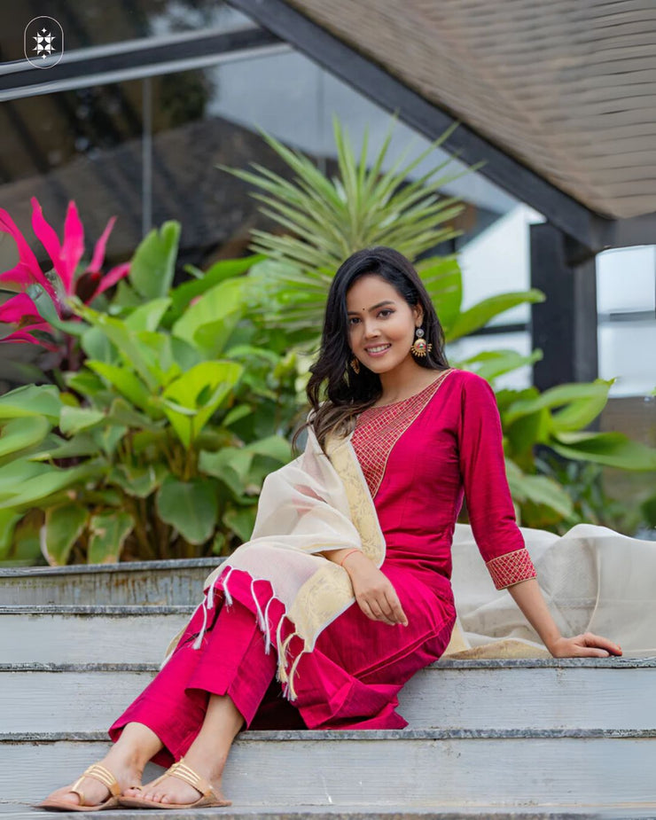 Elegant Magenta Cotton Suit  ( Dupatta Optional)