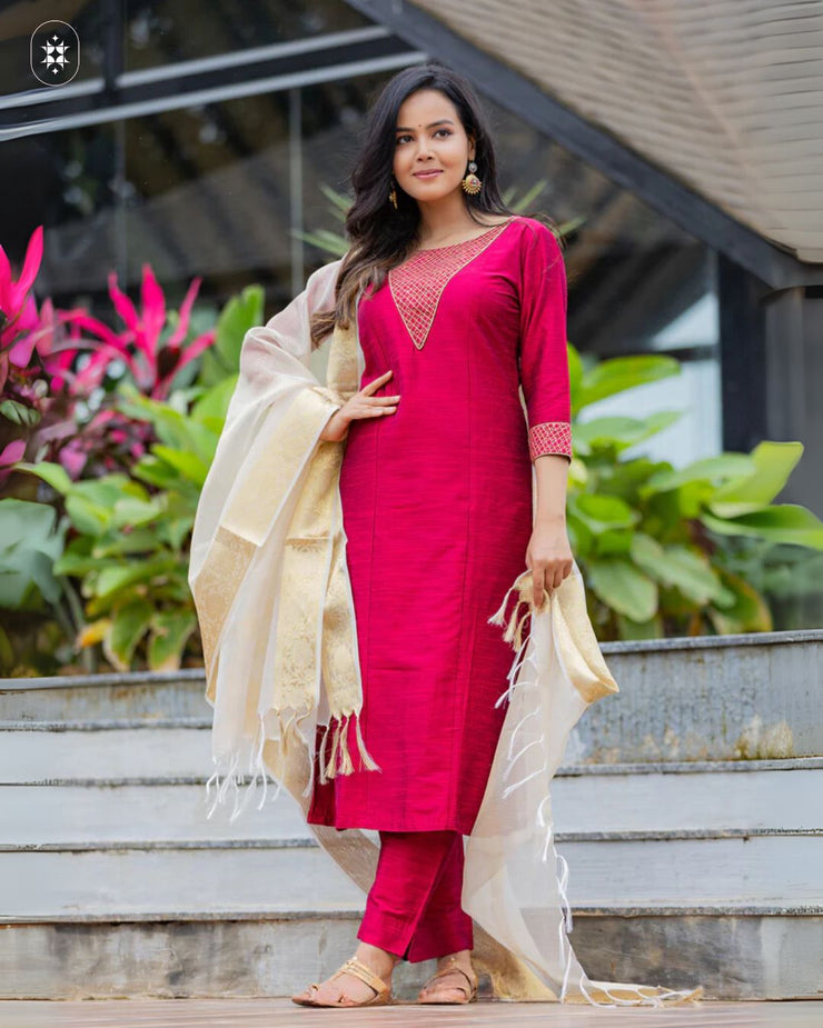 Elegant Magenta Cotton Suit  ( Dupatta Optional)