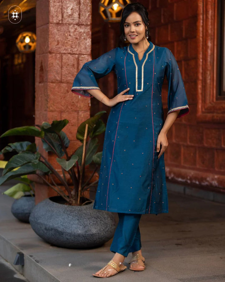 Elegant Blue Cotton Suit with Pink ( Dupatta Optional)