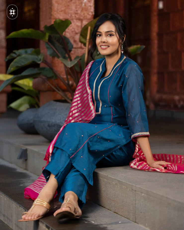 Elegant Blue Cotton Suit with Pink ( Dupatta Optional)