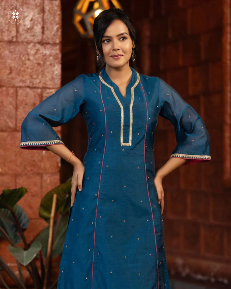 Elegant Blue Cotton Suit with Pink ( Dupatta Optional)