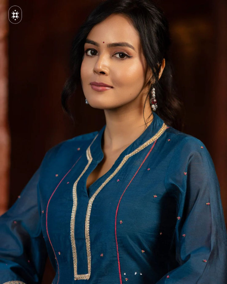 Elegant Blue Cotton Suit with Pink ( Dupatta Optional)