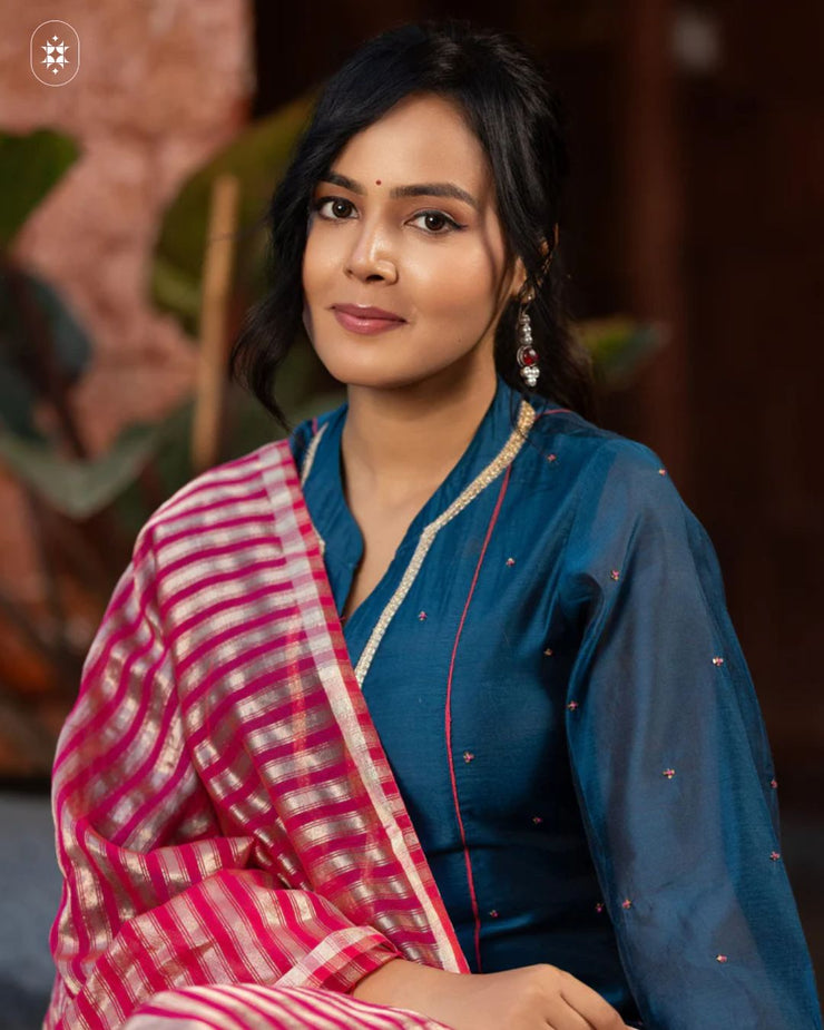 Elegant Blue Cotton Suit with Pink ( Dupatta Optional)