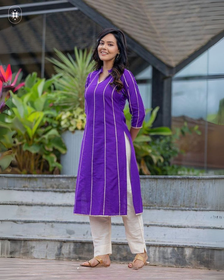 Lavender Cotton Silk Gota Patti Kurta ( Pant Optional)