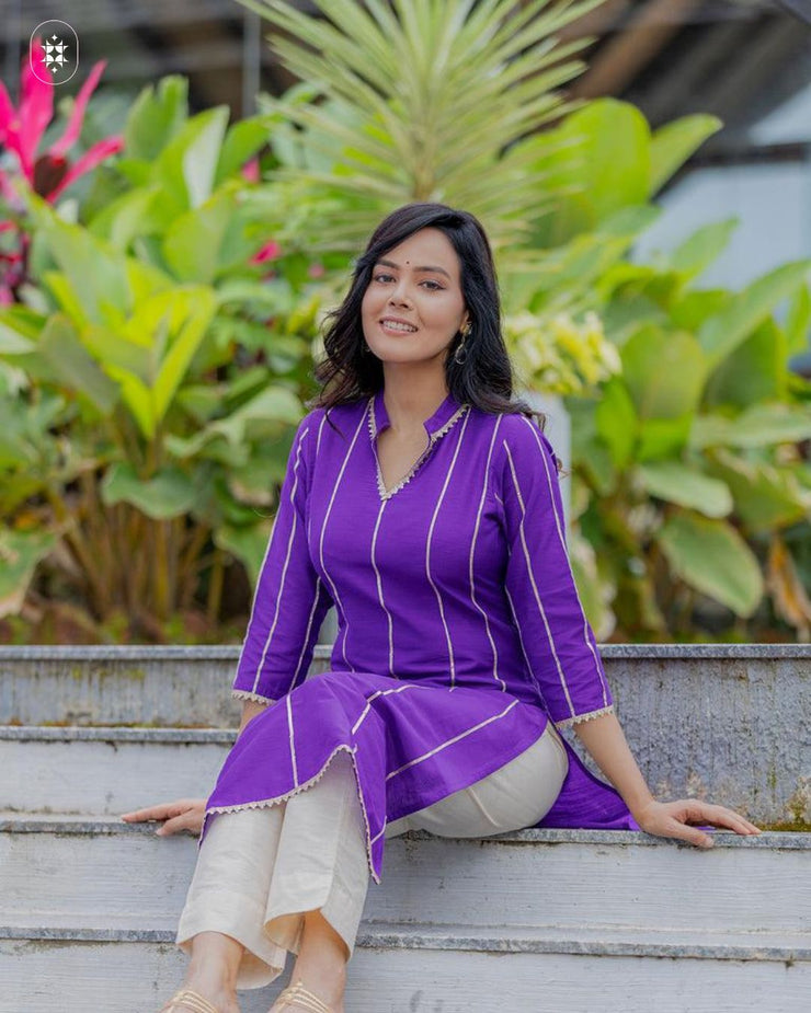 Lavender Cotton Silk Gota Patti Kurta ( Pant Optional)