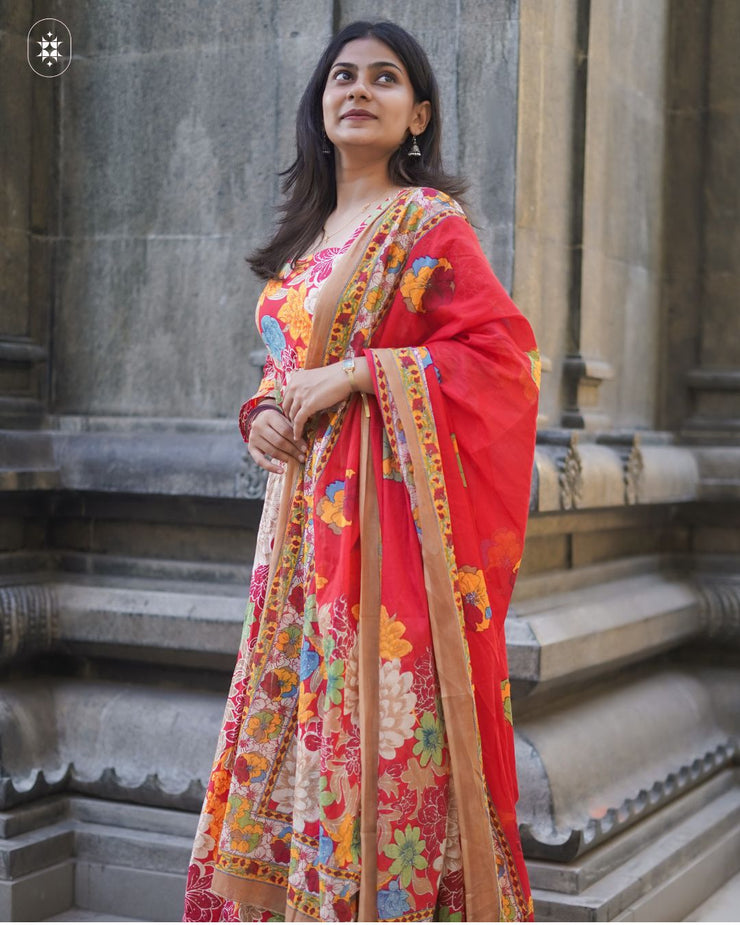 Vibrant Red Floral Anarkali Suit