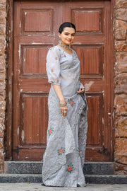 Women's  Grey Chiffon Saree
