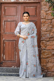 Women's  Grey Chiffon Saree