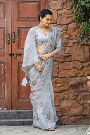 Women's  Grey Chiffon Saree
