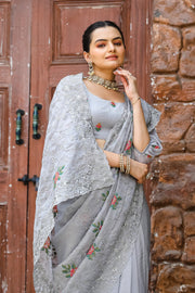 Women's  Grey Chiffon Saree