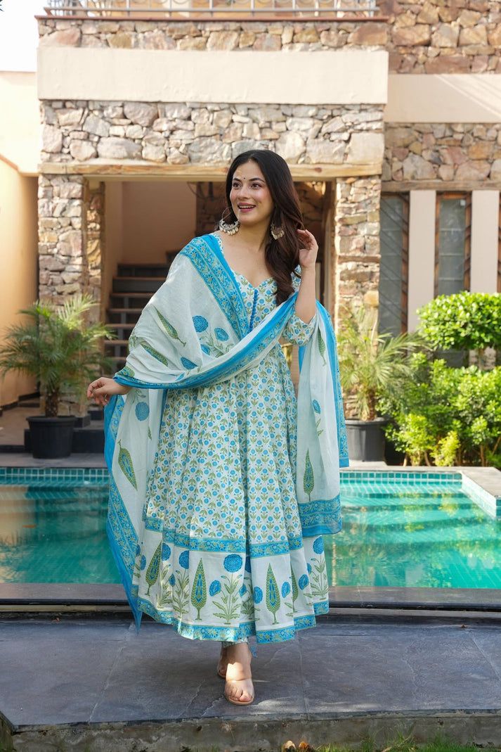 Blue Floral Anarkali Cotton Suit Set