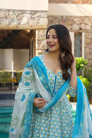 Blue Floral Anarkali Cotton Suit Set