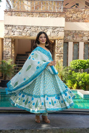 Blue Floral Anarkali Cotton Suit Set