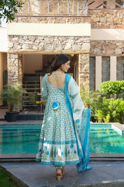 Blue Floral Anarkali Cotton Suit Set