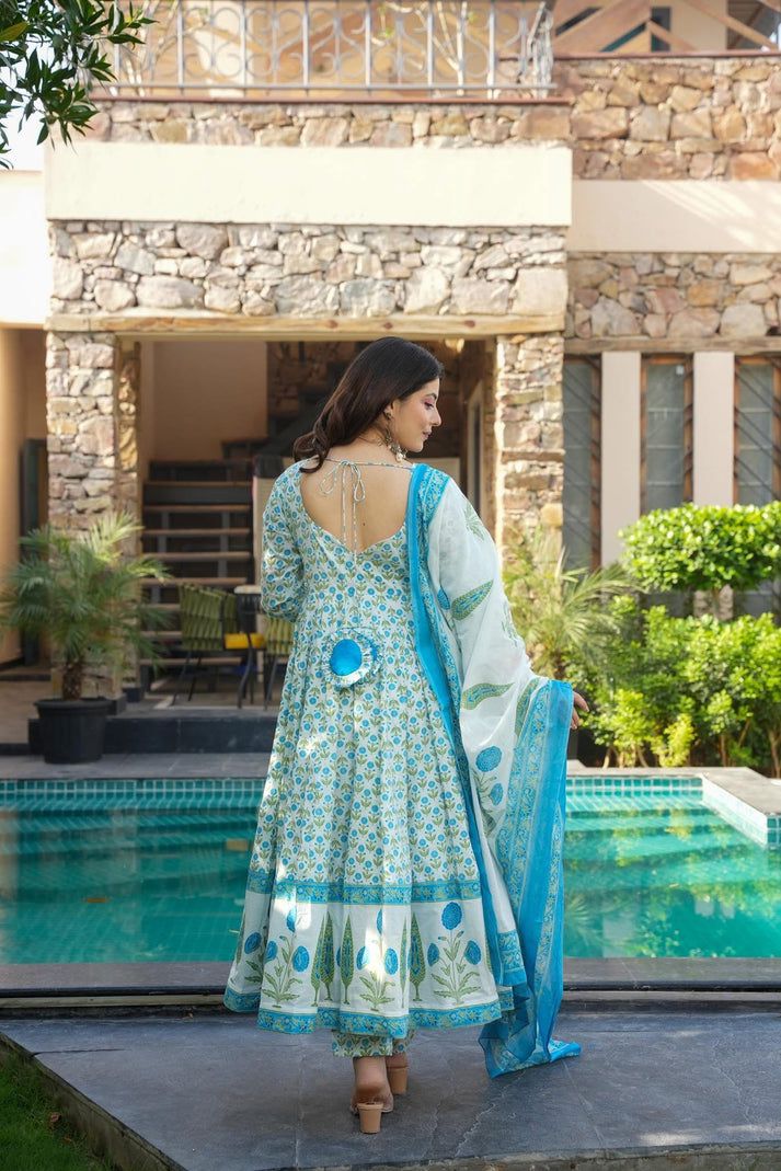 Blue Floral Anarkali Cotton Suit Set