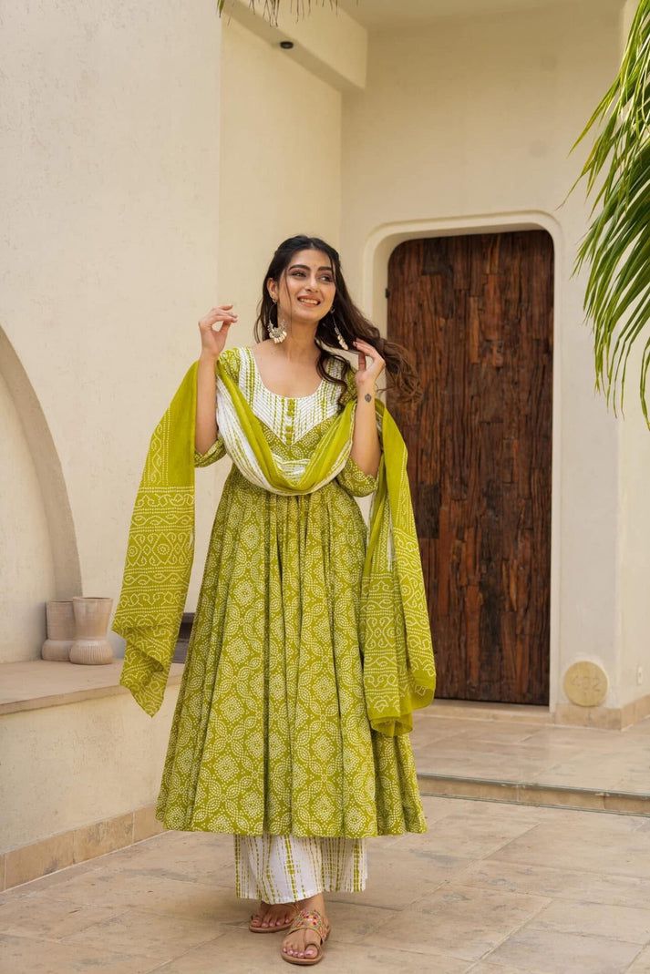 Green Cotton Anarkali  suit set