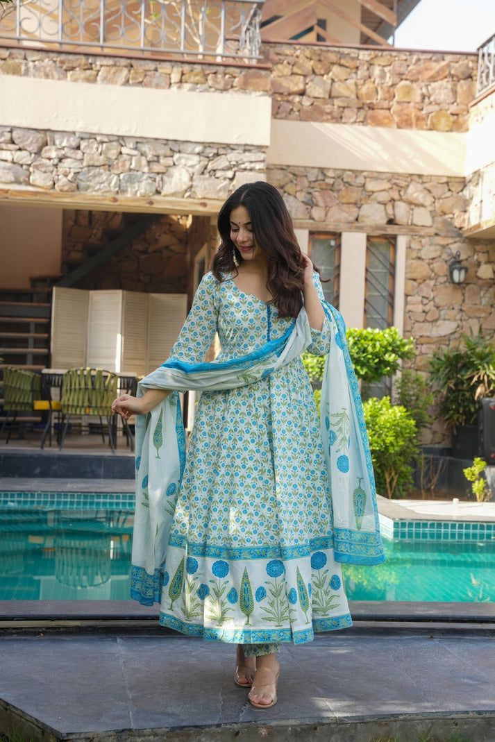 Blue Floral Anarkali Cotton Suit Set