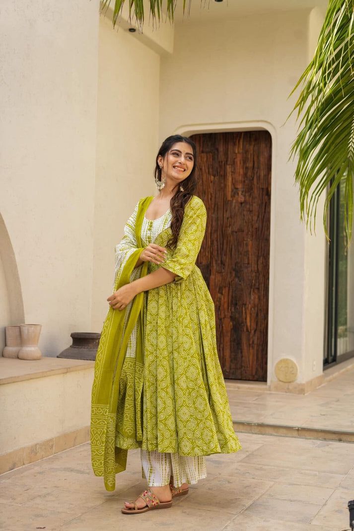 Green Cotton Anarkali  suit set