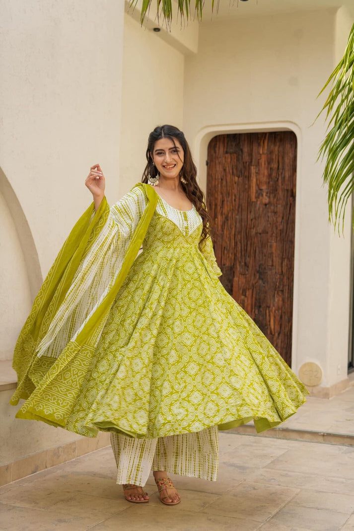 Green Cotton Anarkali  suit set