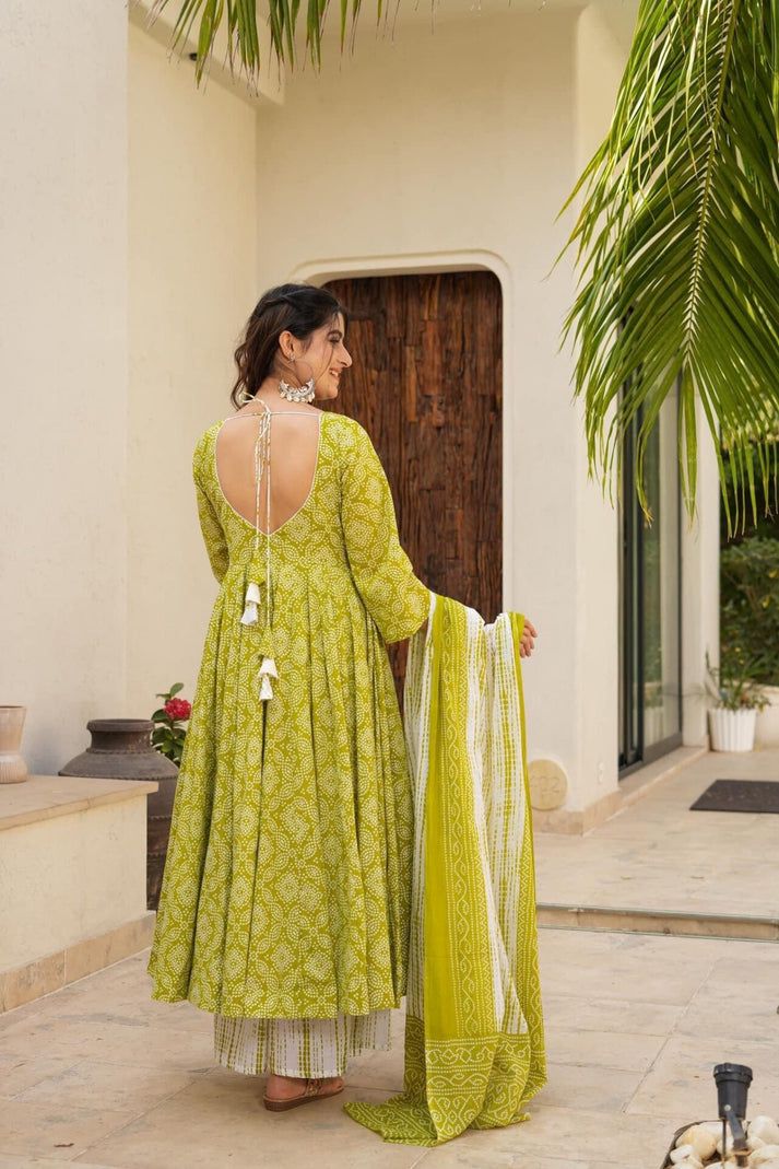 Green Cotton Anarkali  suit set