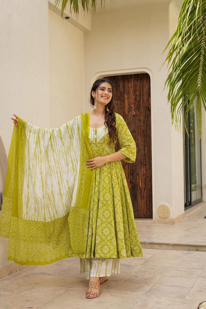 Green Cotton Anarkali  suit set