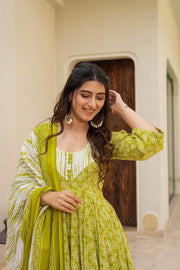 Green Cotton Anarkali  suit set