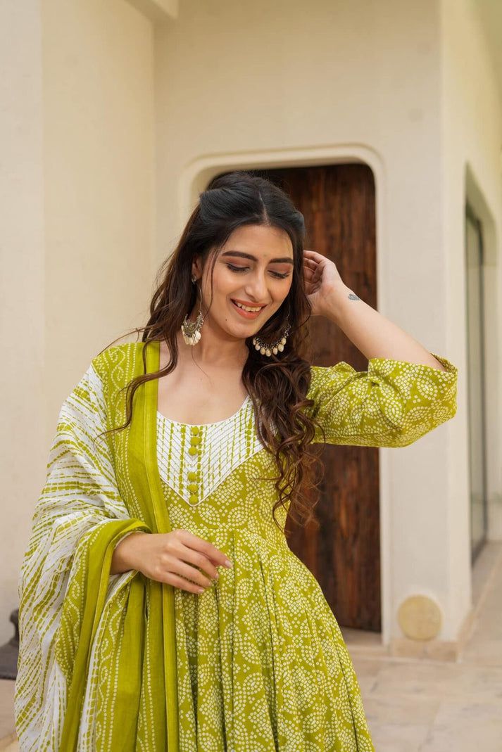 Green Cotton Anarkali  suit set