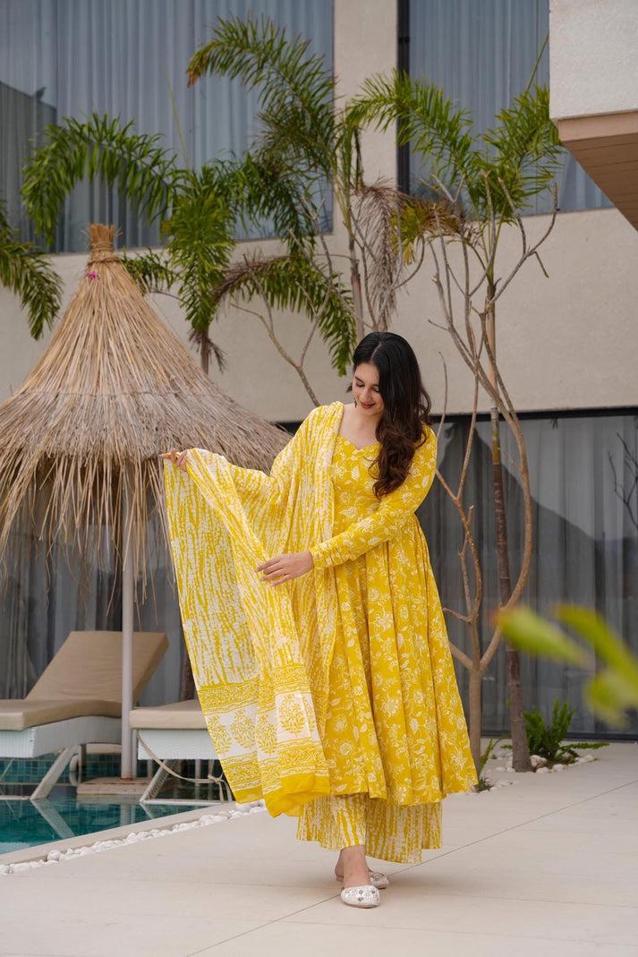 Yellow Cotton Anarkali Set