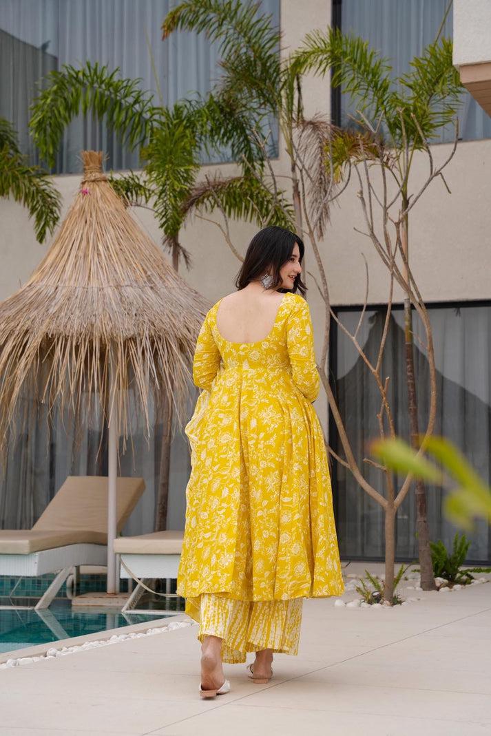 Yellow Cotton Anarkali Set