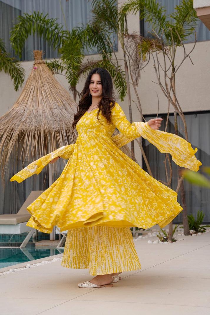 Yellow Cotton Anarkali Set