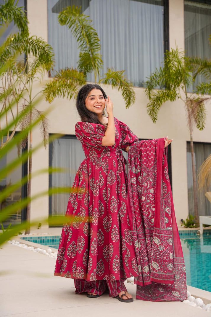 Burgundy Enchant Cotton Anarkali Suit Set