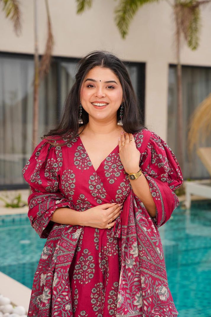 Burgundy Enchant Cotton Anarkali Suit Set