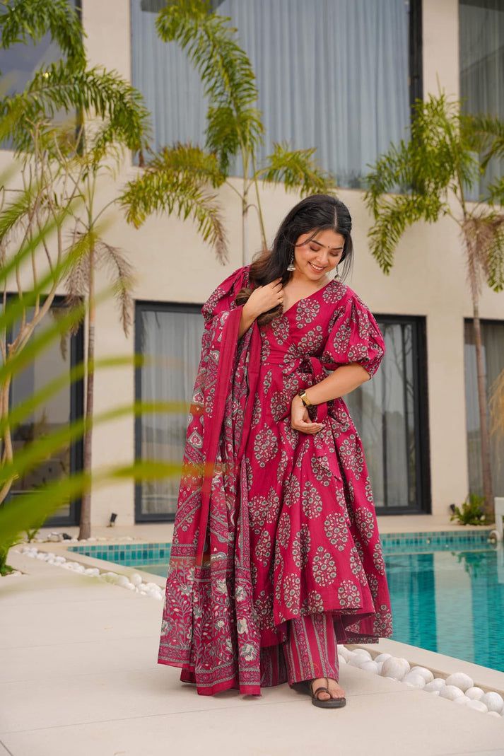 Burgundy Enchant Cotton Anarkali Suit Set