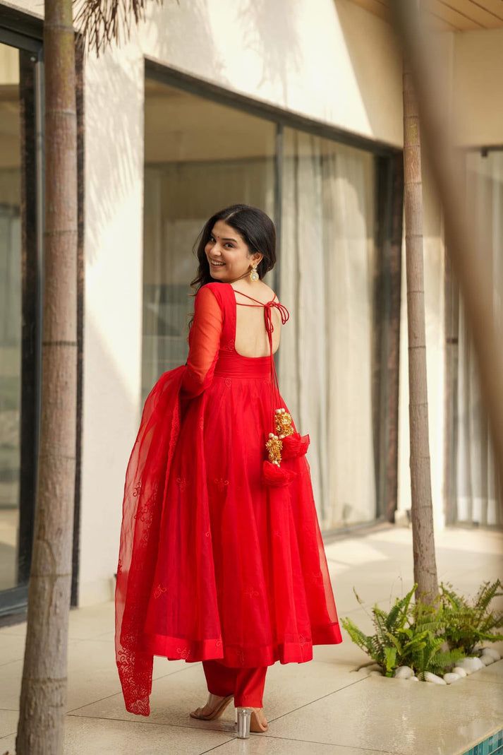 anarkali red dress Georgette Chikankari Work Red Anarkali Dress Red / M(38)