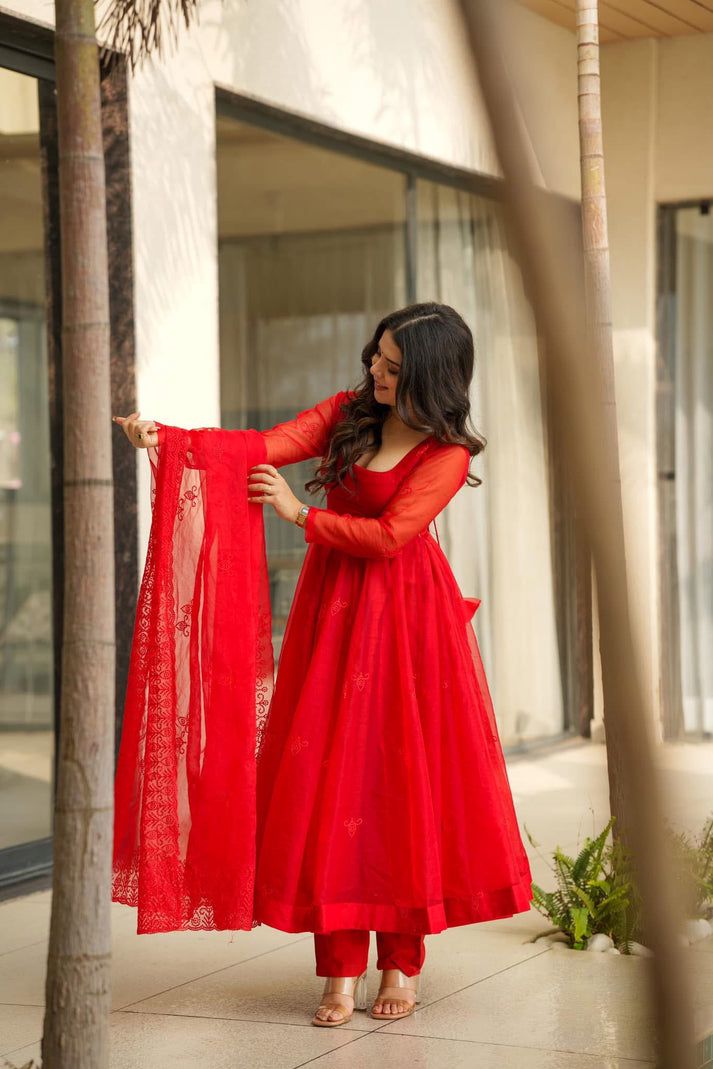 Red Organza Anarkali  suit set