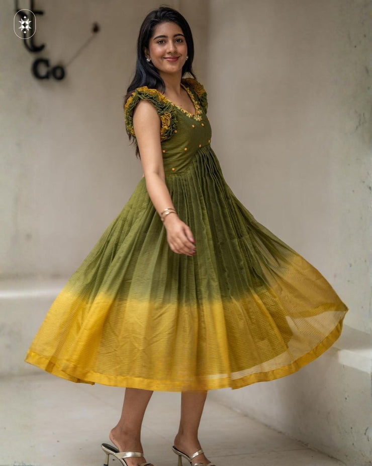 Teracotta Olive Green Kota Ruffle Midi Dress