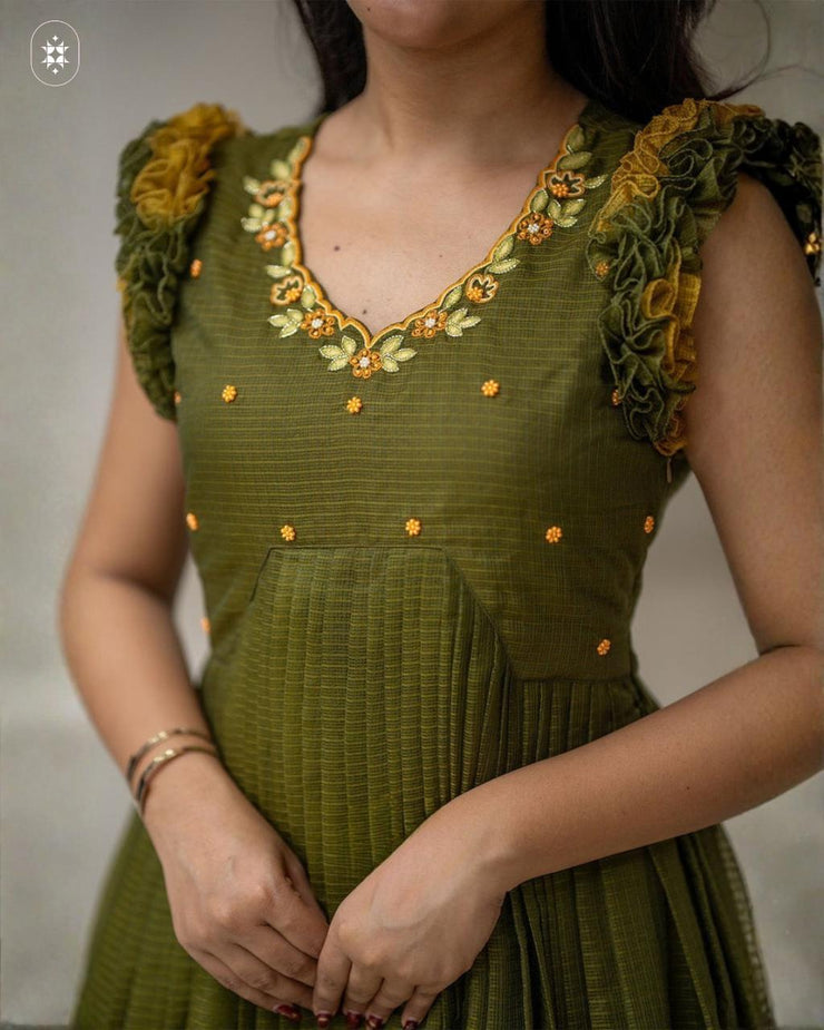 Teracotta Olive Green Kota Ruffle Midi Dress