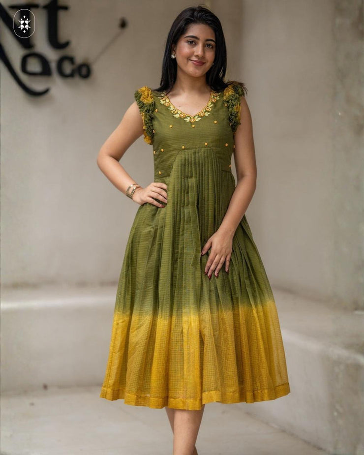 Teracotta Olive Green Kota Ruffle Midi Dress